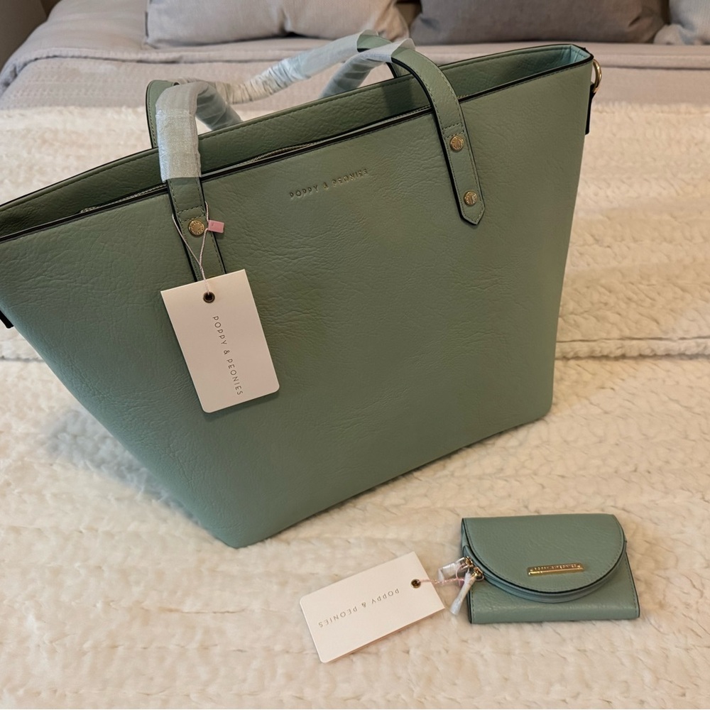 Poppy & Peonies Mint Tote and Wallet Set